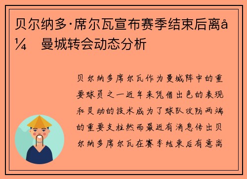 贝尔纳多·席尔瓦宣布赛季结束后离开曼城转会动态分析
