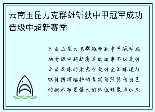 云南玉昆力克群雄斩获中甲冠军成功晋级中超新赛季