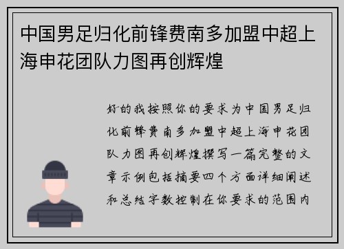 中国男足归化前锋费南多加盟中超上海申花团队力图再创辉煌