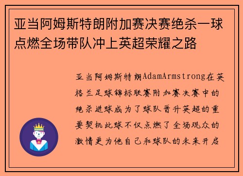 亚当阿姆斯特朗附加赛决赛绝杀一球点燃全场带队冲上英超荣耀之路